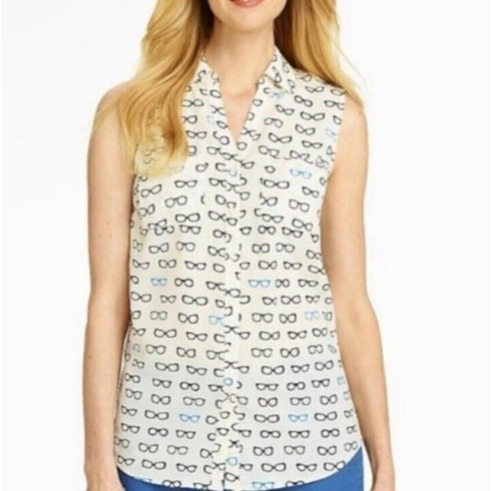 Talbots Top Women’s Size X Beige Black Blue Sleeveless Sunglass Print Nantucket